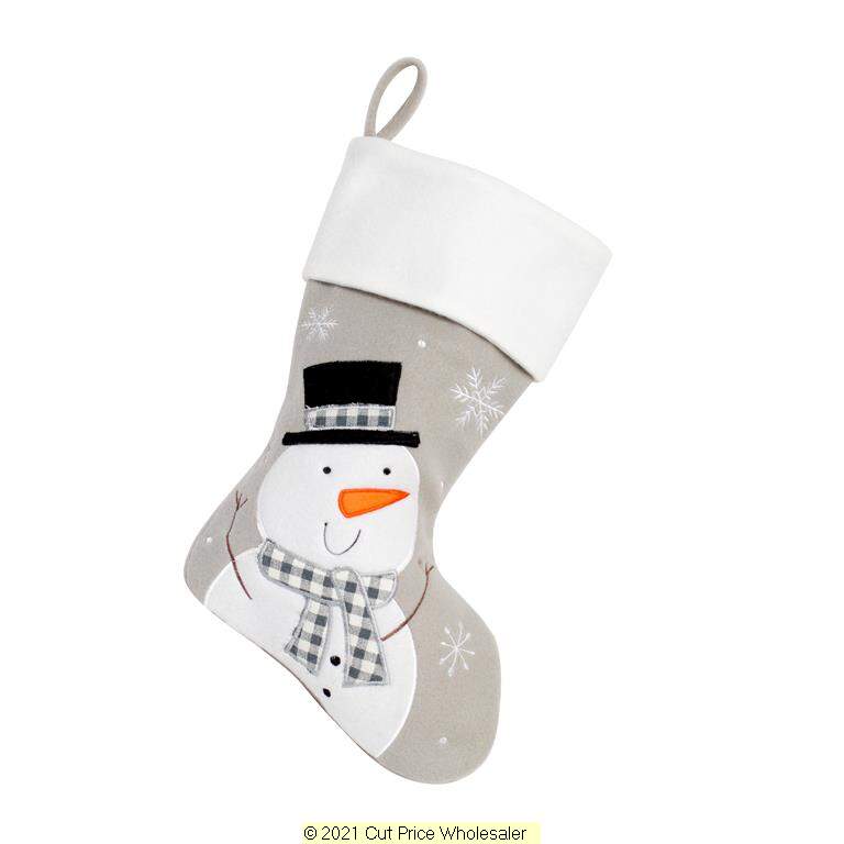 Deluxe Plush Silver White Top Snowman Stocking 40cm X 25cm