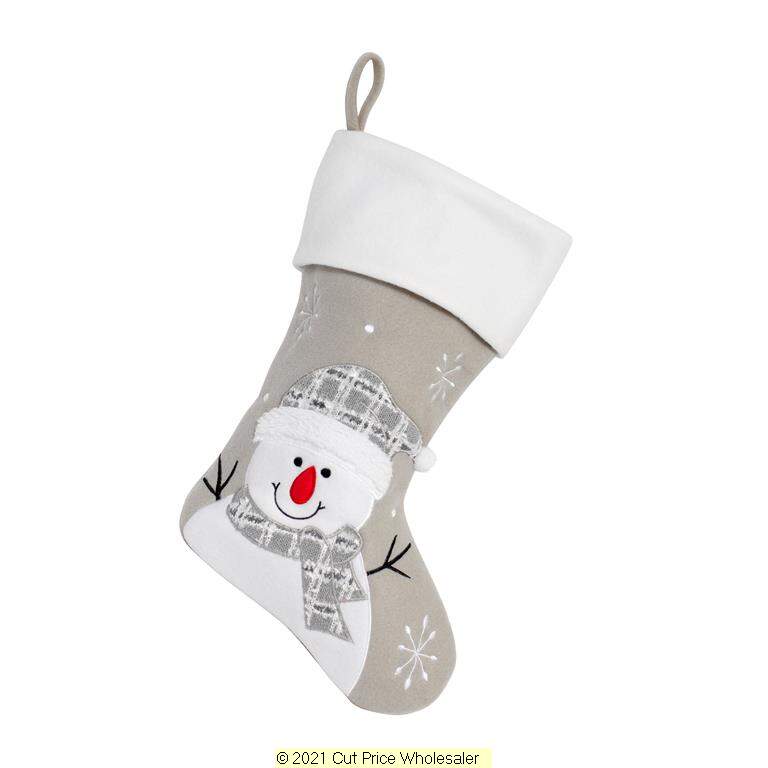 Deluxe Plush Silver Fluffy Hat Snowman Stocking 40cm X 25cm