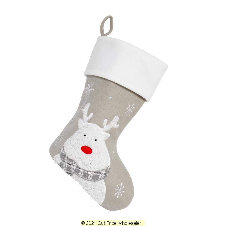 Deluxe Plush Silver Fluffy Reindeer Stocking 40cm X 25cm