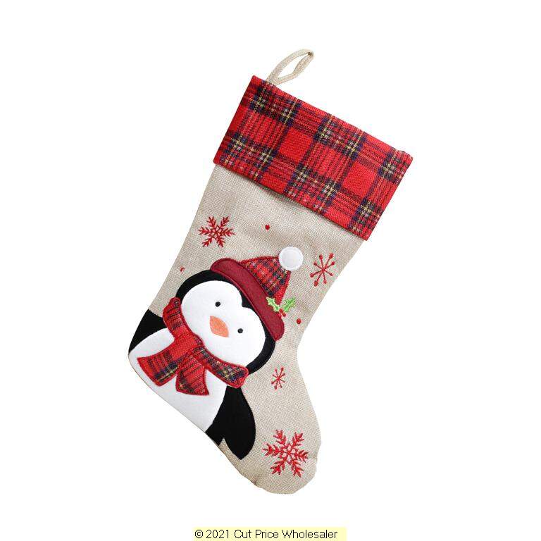 Tartan Penguin Christmas Stocking 40cm X 25cm