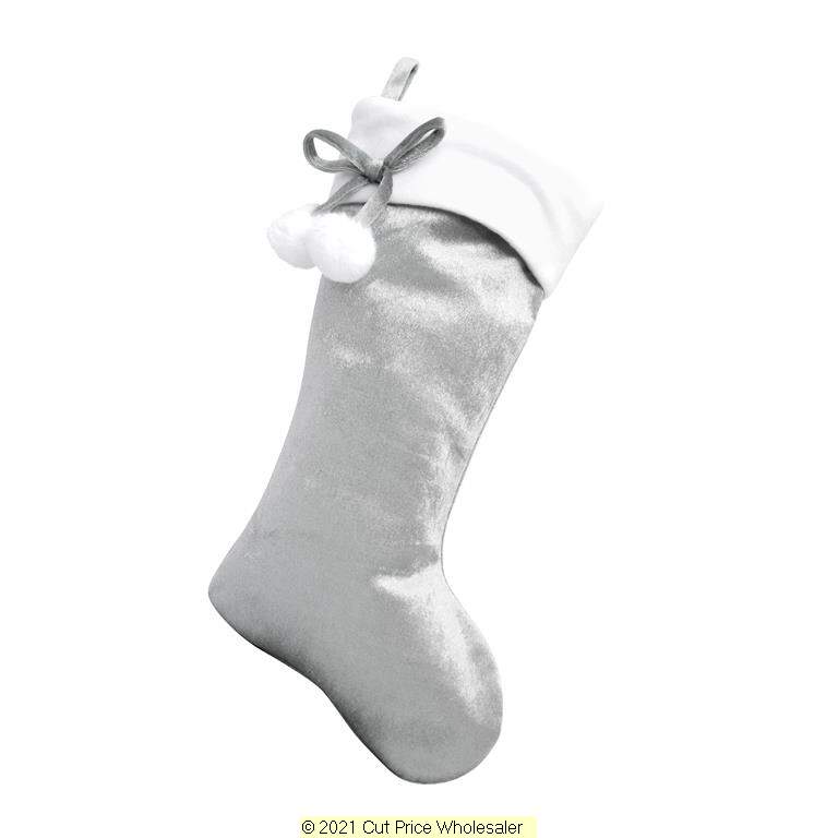 Deluxe Plush Silver Velvet Look Pom Pom Stocking 40cm X 25cm