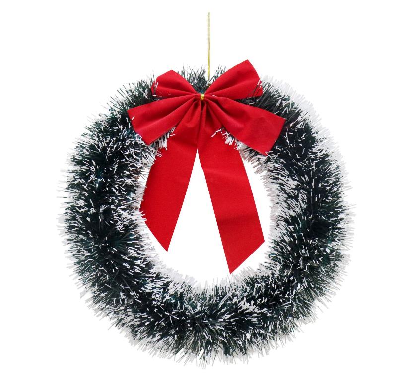 Snow Tinsel Wreath 33cm With Bow